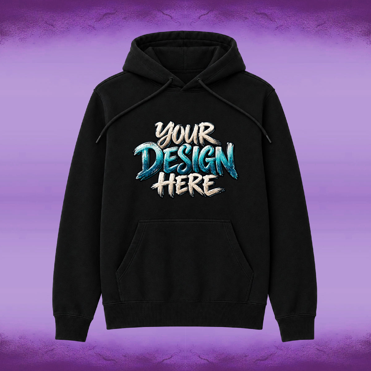 A black pullover hoodie centered on a purple gradient background, featuring a front kangaroo pocket and a large chest graphic that reads 'YOUR DESIGN HERE' in stylized white and blue lettering.