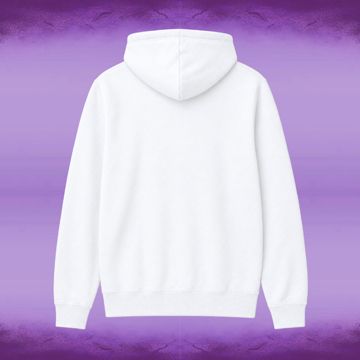 A plain white pullover hoodie shown from the back, centered against a purple gradient background with a textured look.