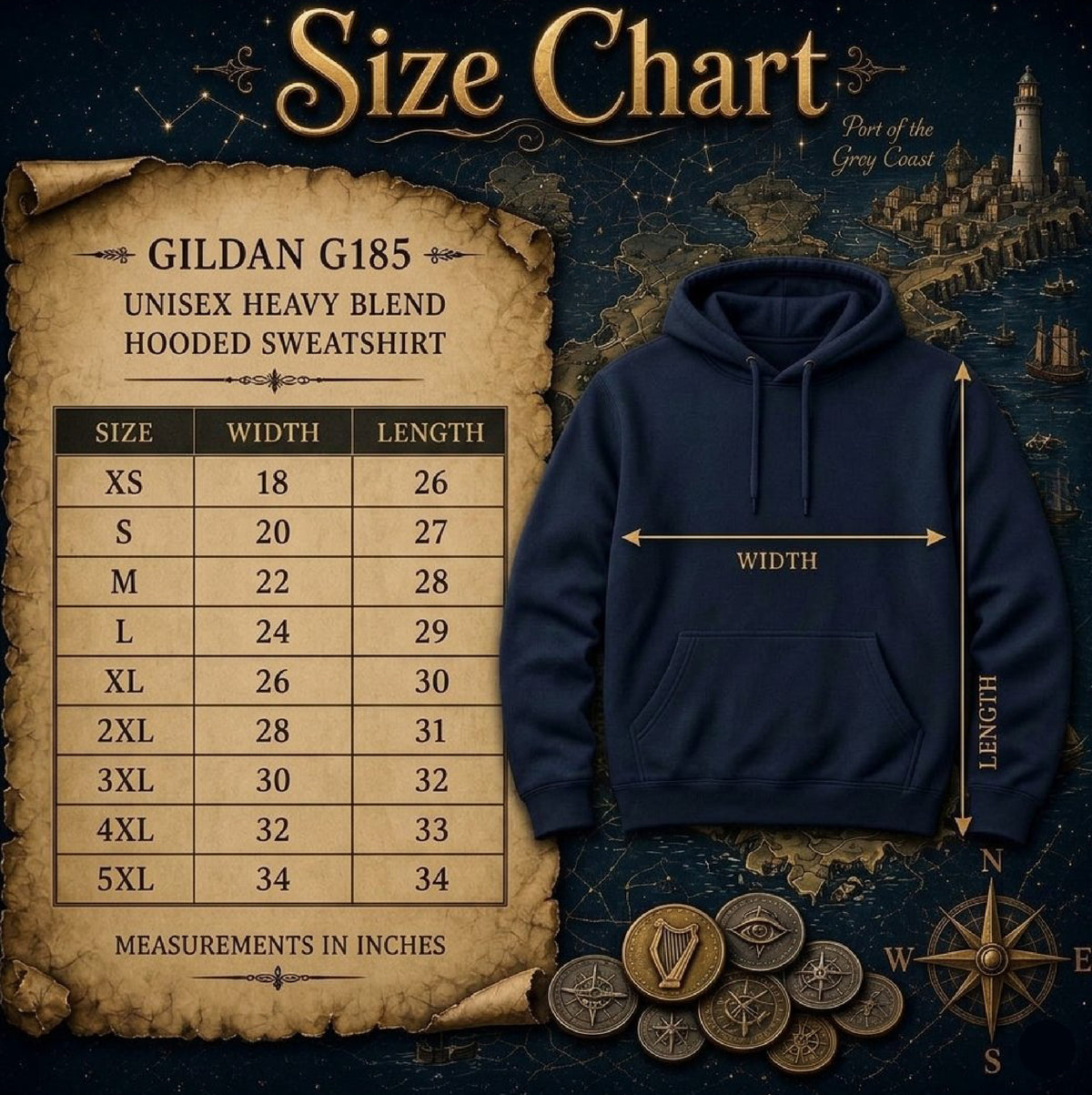 A size chart graphic for a Gildan G185 unisex heavy blend hoodie sweatshirt, showing a measurement table on an aged parchment scroll alongside a navy blue hoodie with width and length measurement arrows. The background is a dark, vintage-style map illustration.