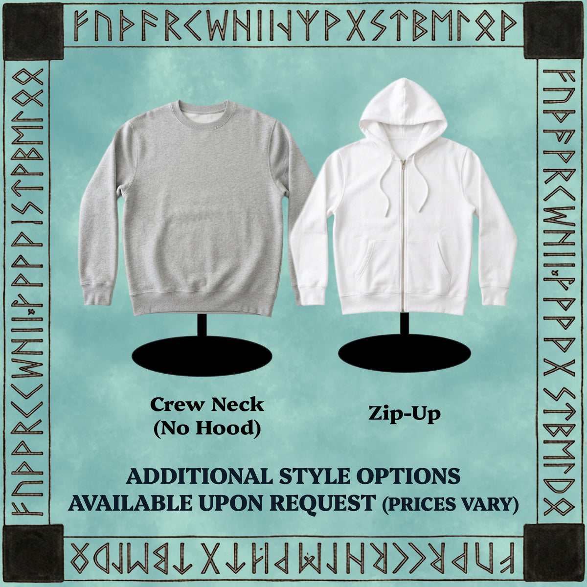 A product comparison graphic showing two hooded tops on black mannequin stands against a light aqua background with rune-style border text. Left item is a crew neck sweatshirt in light gray labeled 'Crew Neck (No Hood)'.