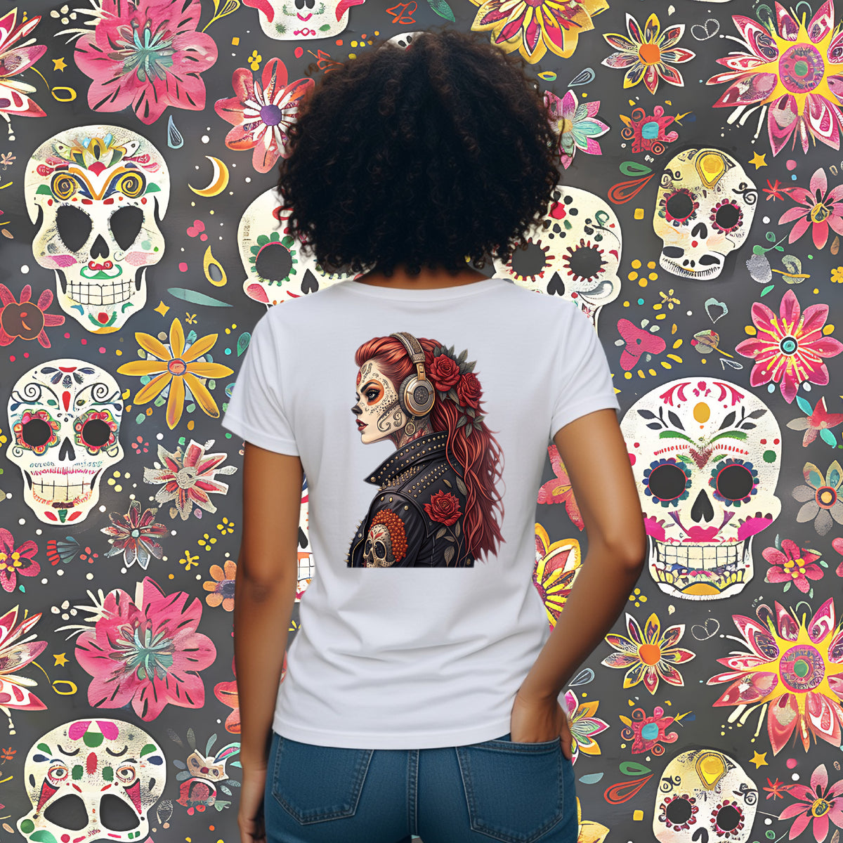A person viewed from behind wearing a white short-sleeve T-shirt with a large colorful graphic print on the back, standing in front of a dark gray wall covered in sugar skull and floral patterns.