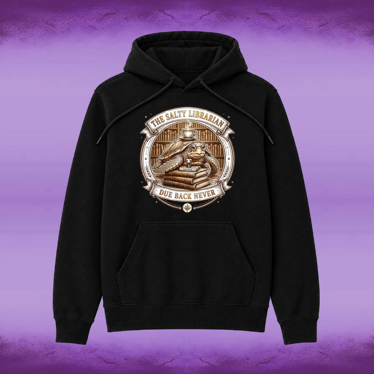 A black pullover hoodie with a large circular vintage-style graphic on the chest. The graphic features a librarian illustration with a clock and the text 'THE SLIPSY LIBRARIAN' and 'DUE BACK NEVER'.