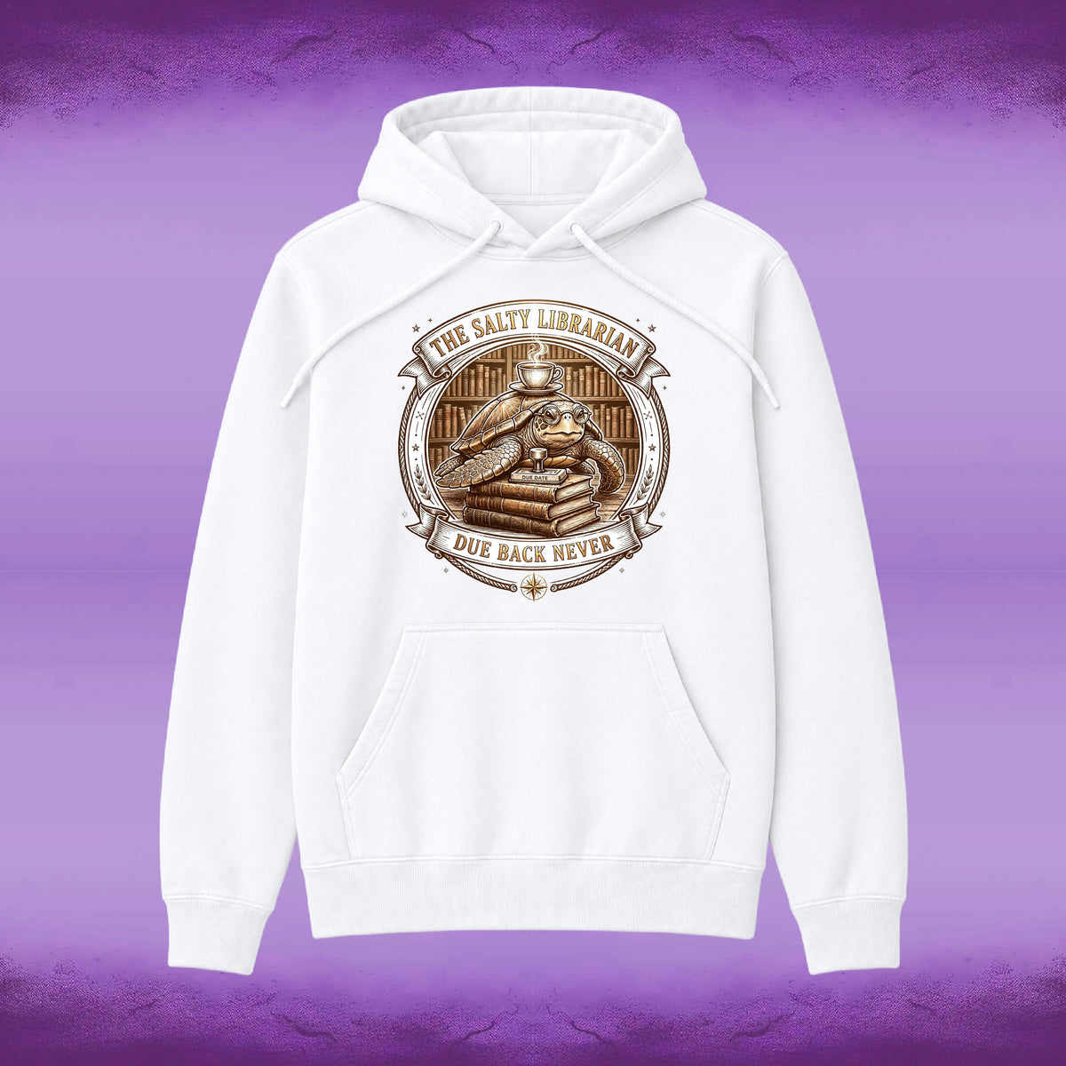 A white pullover hoodie with a detailed circular graphic on the chest featuring a librarian illustration and the text 'THE SALTY LIBRARIAN' and 'DUE BACK NEVER'. The hoodie is displayed against a purple textured background.