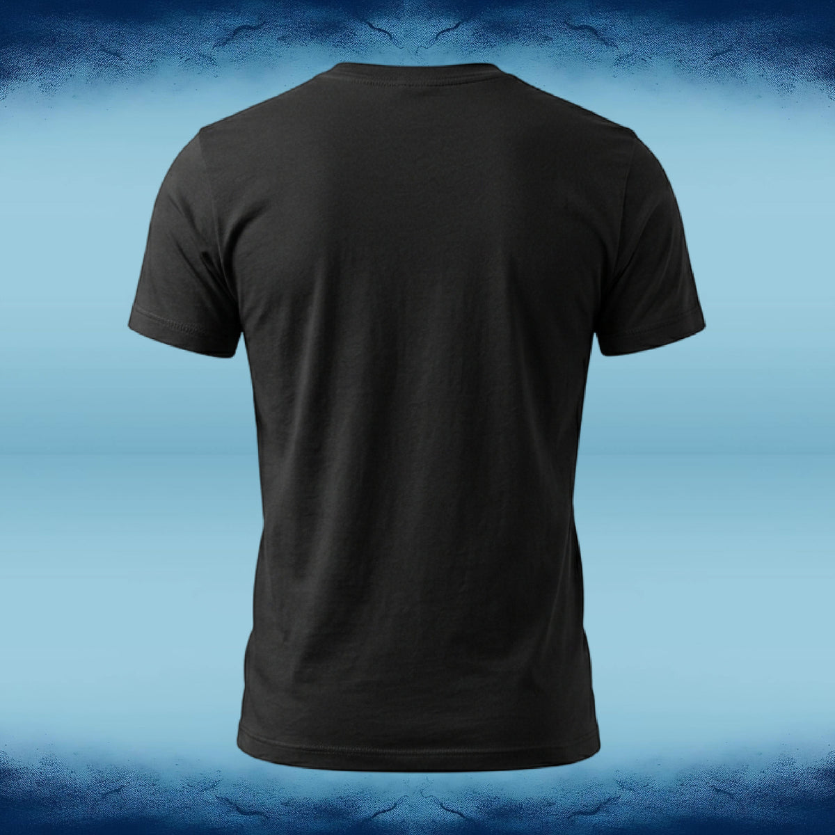 A plain black short-sleeve t-shirt shown from the back, centered against a blue gradient background with a textured dark blue border.