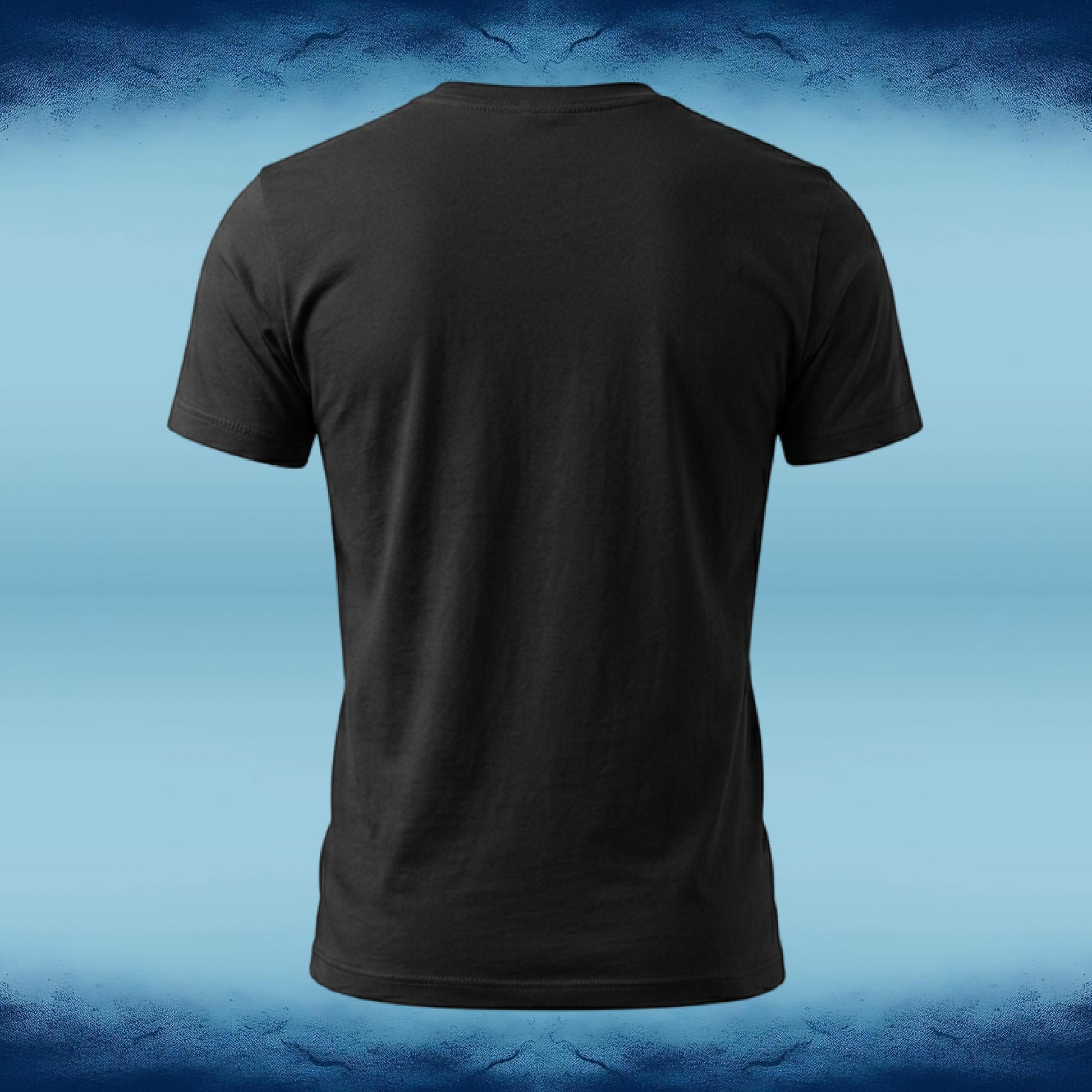 A plain black short-sleeve t-shirt shown from the back, centered against a blue gradient background with a textured dark blue border.