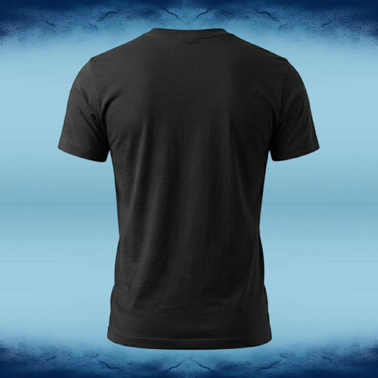 A plain black short-sleeve t-shirt shown from the back, centered against a blue gradient background with a textured dark blue border.