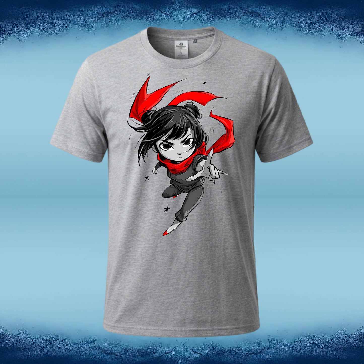 A heather gray short-sleeve t-shirt featuring a graphic print of an anime-style female ninja character with black hair, a red scarf, and gray outfit, shown against a blue gradient background.