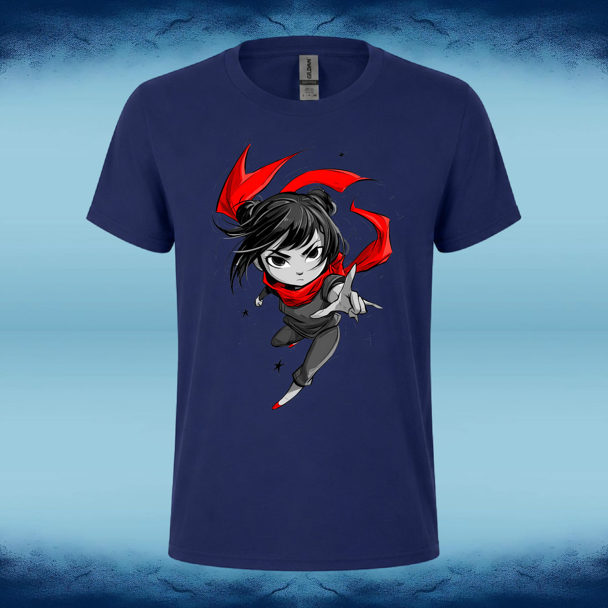 A navy blue short-sleeve t-shirt featuring a graphic print of a chibi anime character with black hair, a red scarf, and a gray outfit, set against a blue textured background.
