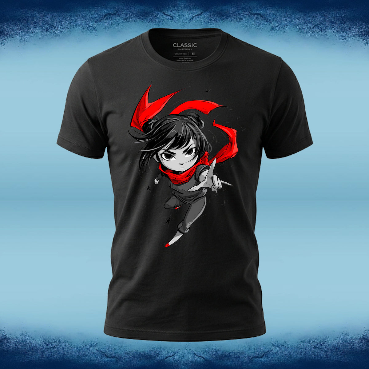 A black short-sleeve graphic t-shirt featuring a chibi-style anime character with red hair and a red scarf, shown against a blue textured background.