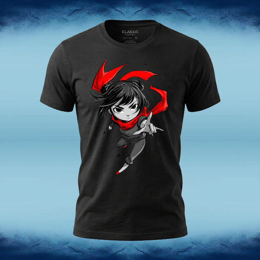 A black short-sleeve graphic t-shirt featuring a chibi-style anime character with red hair and a red scarf, shown against a blue textured background.
