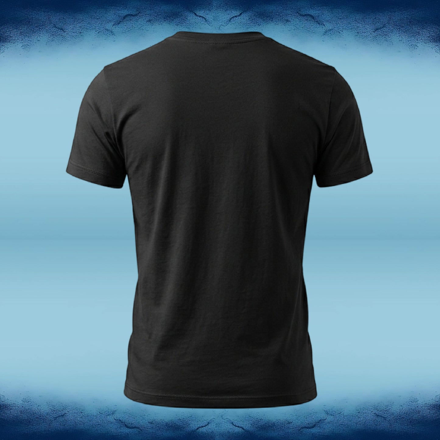 A black short-sleeve crewneck t-shirt shown from the back, centered against a blue gradient background with textured dark blue borders at the top and bottom.