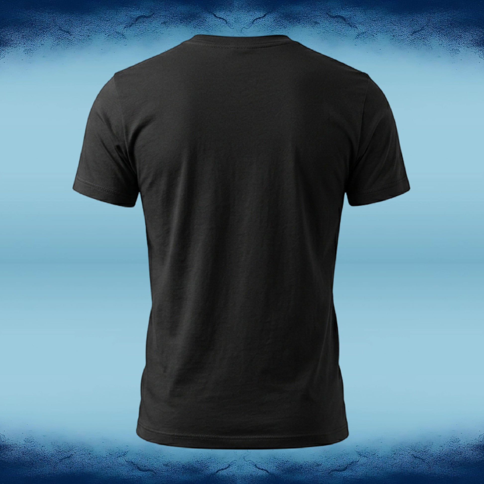 A black short-sleeve crewneck t-shirt shown from the back, centered against a blue gradient background with textured dark blue borders at the top and bottom.