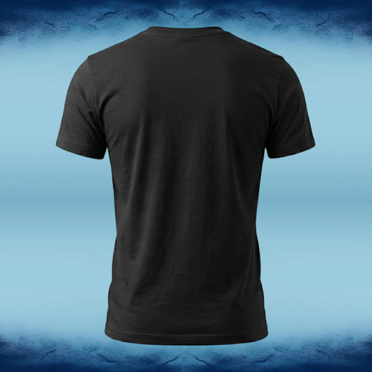 A black short-sleeve crewneck t-shirt shown from the back, centered against a blue gradient background with textured dark blue borders at the top and bottom.