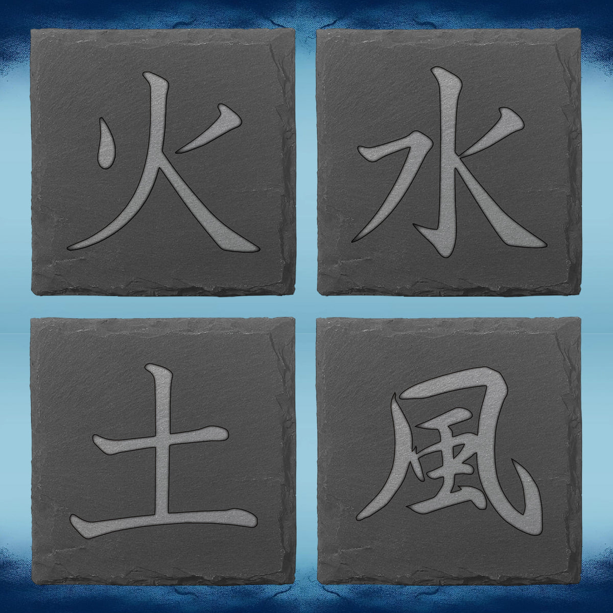 Four square dark gray stone tiles arranged in a 2x2 grid, each carved with a different Japanese character (Fire,Water, Earth and wind) in light gray. The background is a textured blue gradient. Fire,Water, Earth and wind.