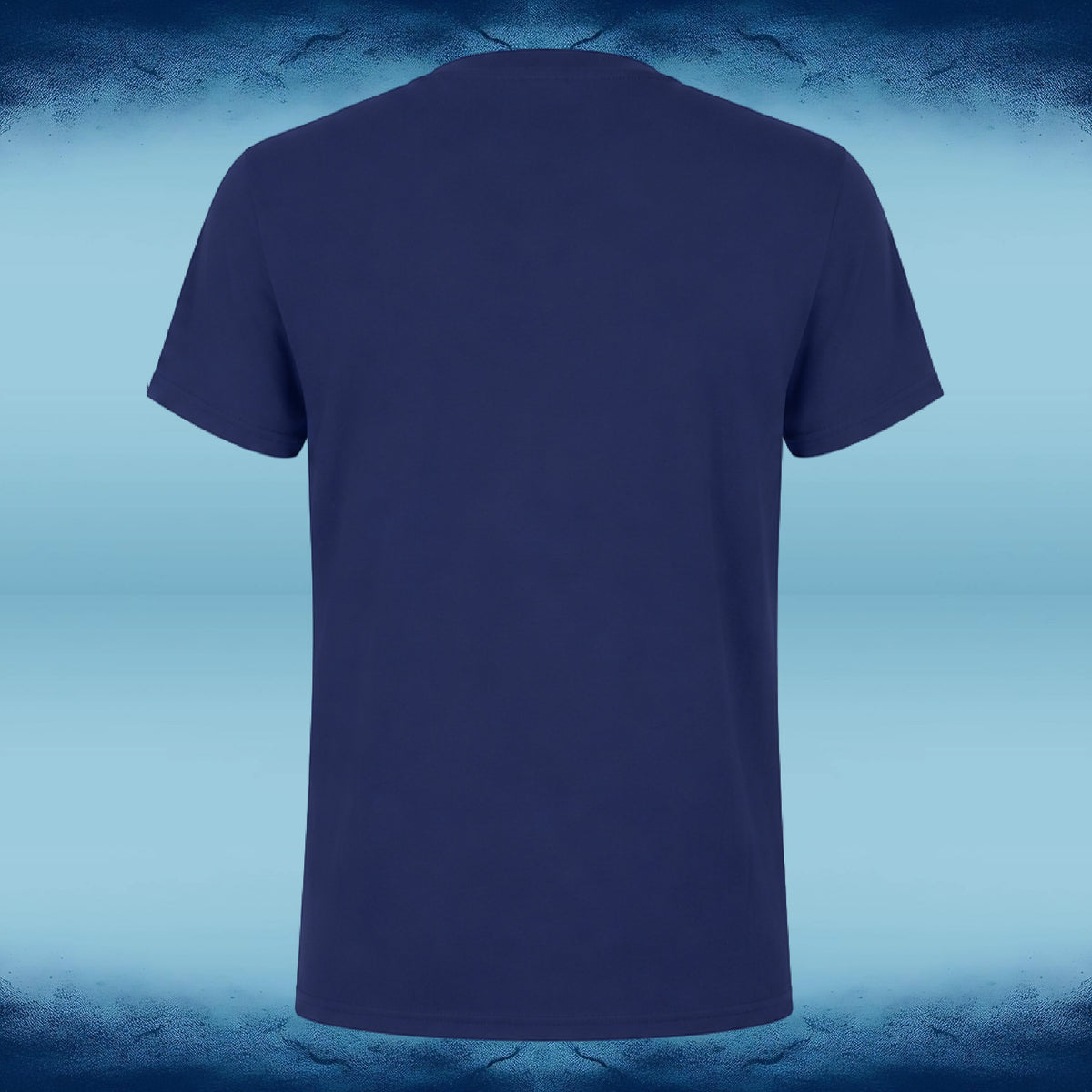 A navy blue short-sleeve crewneck t-shirt shown from the back, centered against a blue gradient background with a textured dark blue border.