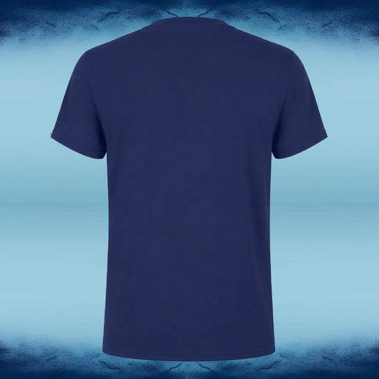 A navy blue short-sleeve crewneck t-shirt shown from the back, centered against a blue gradient background with a textured dark blue border.