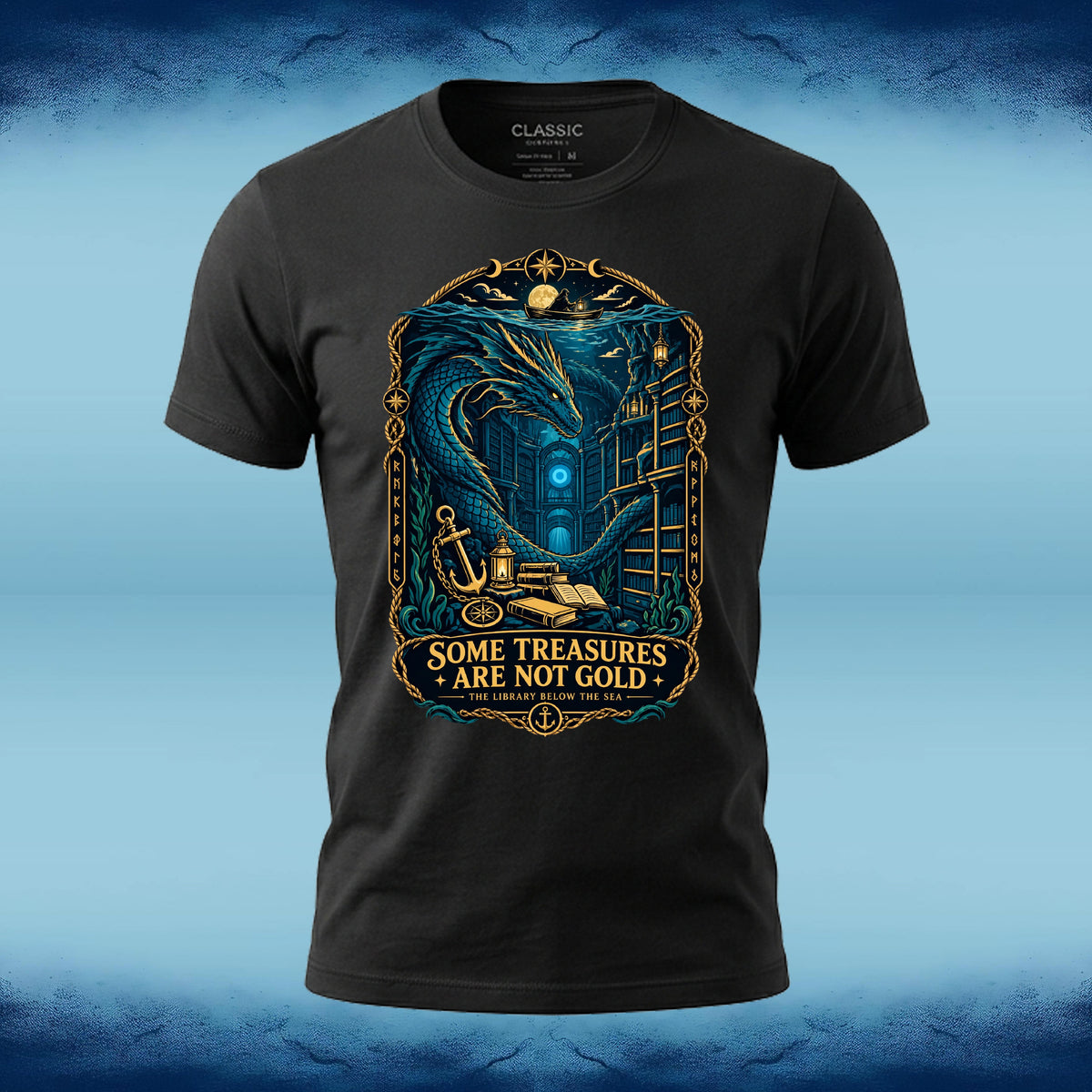 Black crew neck tee with a "Some Treasures Are Not Gold" fantasy graphic of a dragon guarding a hoard of books, by Sigil Harbor