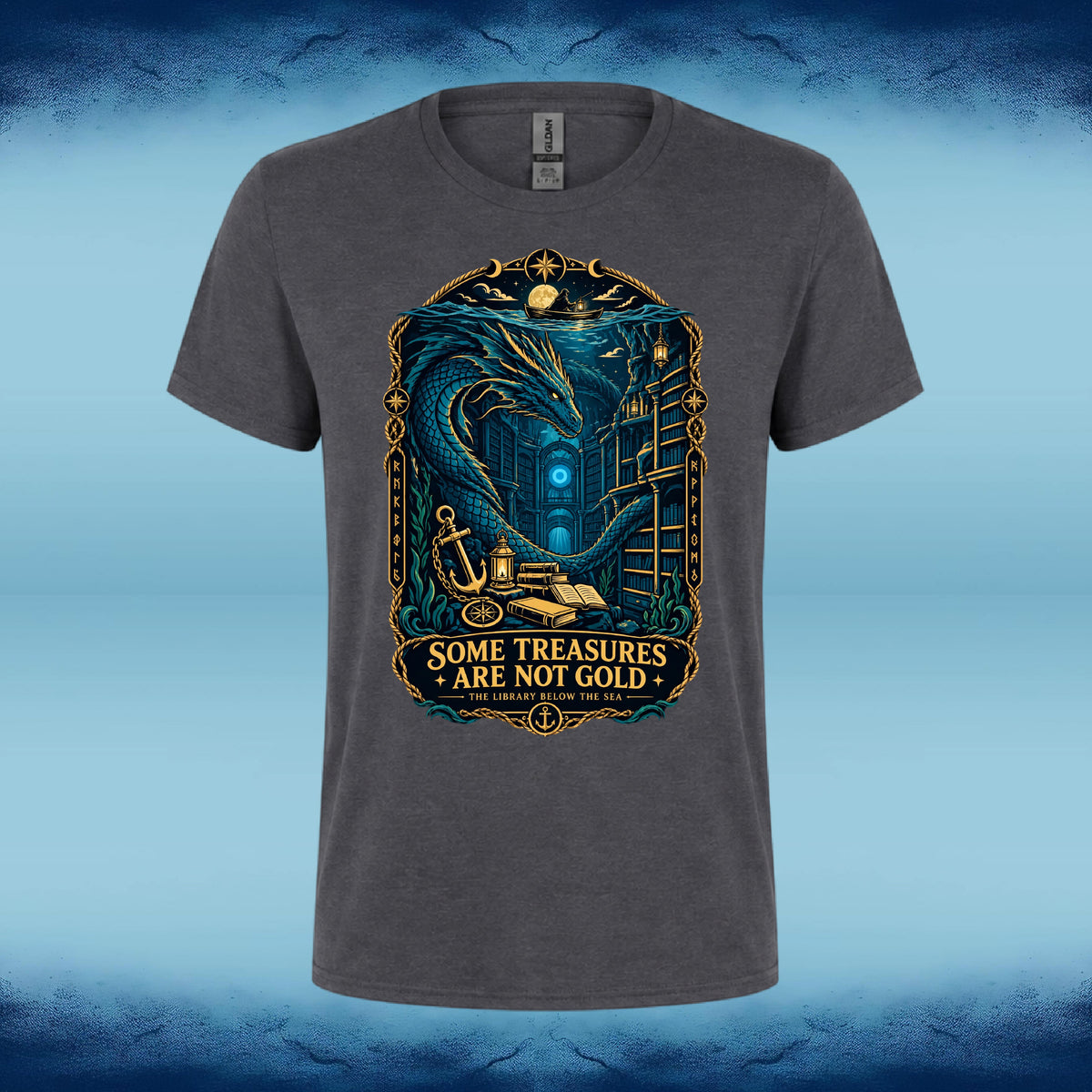 Dark grey crew neck tee with a "Some Treasures Are Not Gold" fantasy graphic of a dragon guarding a hoard of books, by Sigil Harbor