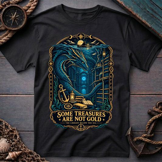 Black crew neck tee with a "Some Treasures Are Not Gold" fantasy graphic of a dragon guarding a hoard of books, by Sigil Harbor in flat-lay style