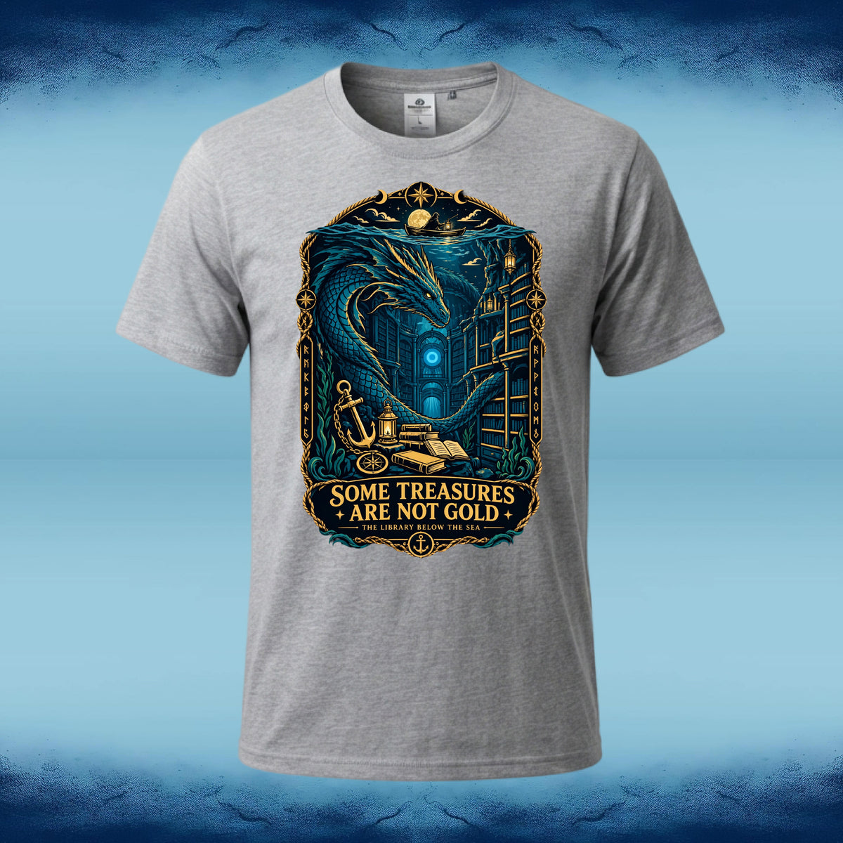 Light sport grey crew neck tee with a "Some Treasures Are Not Gold" fantasy graphic of a dragon guarding a hoard of books, by Sigil Harbor