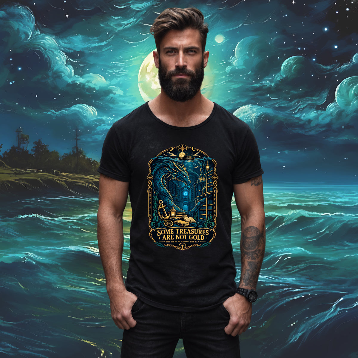 Model wearing the "Some Treasures Are Not Gold" graphic tee, a fantasy design of a dragon guarding a hoard of books, by Sigil Harbor