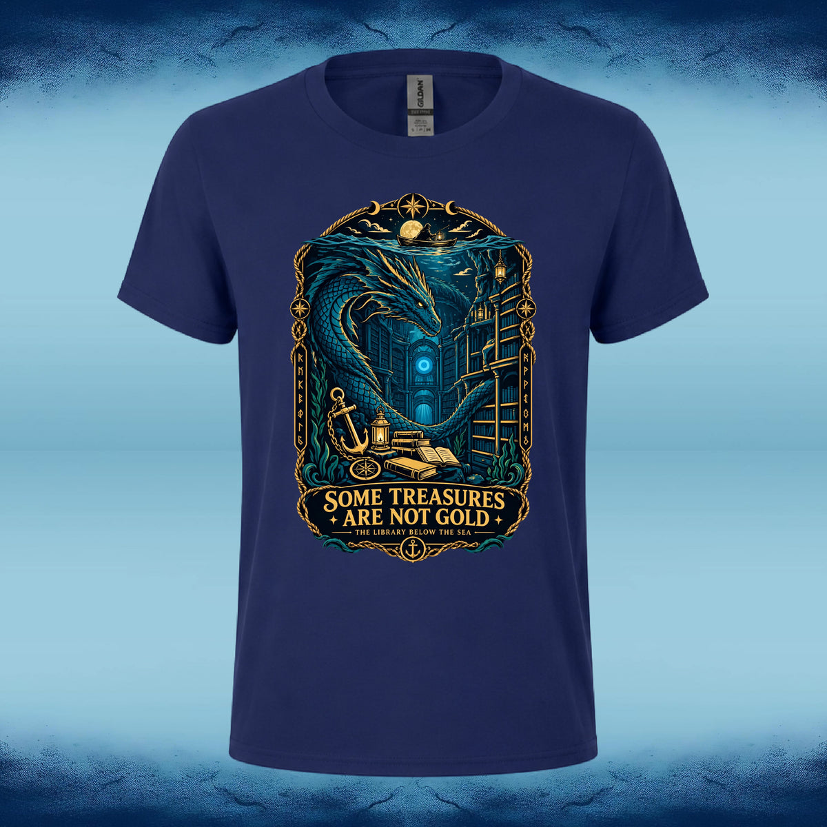 Navy crew neck tee with a "Some Treasures Are Not Gold" fantasy graphic of a dragon guarding a hoard of books, by Sigil Harbor