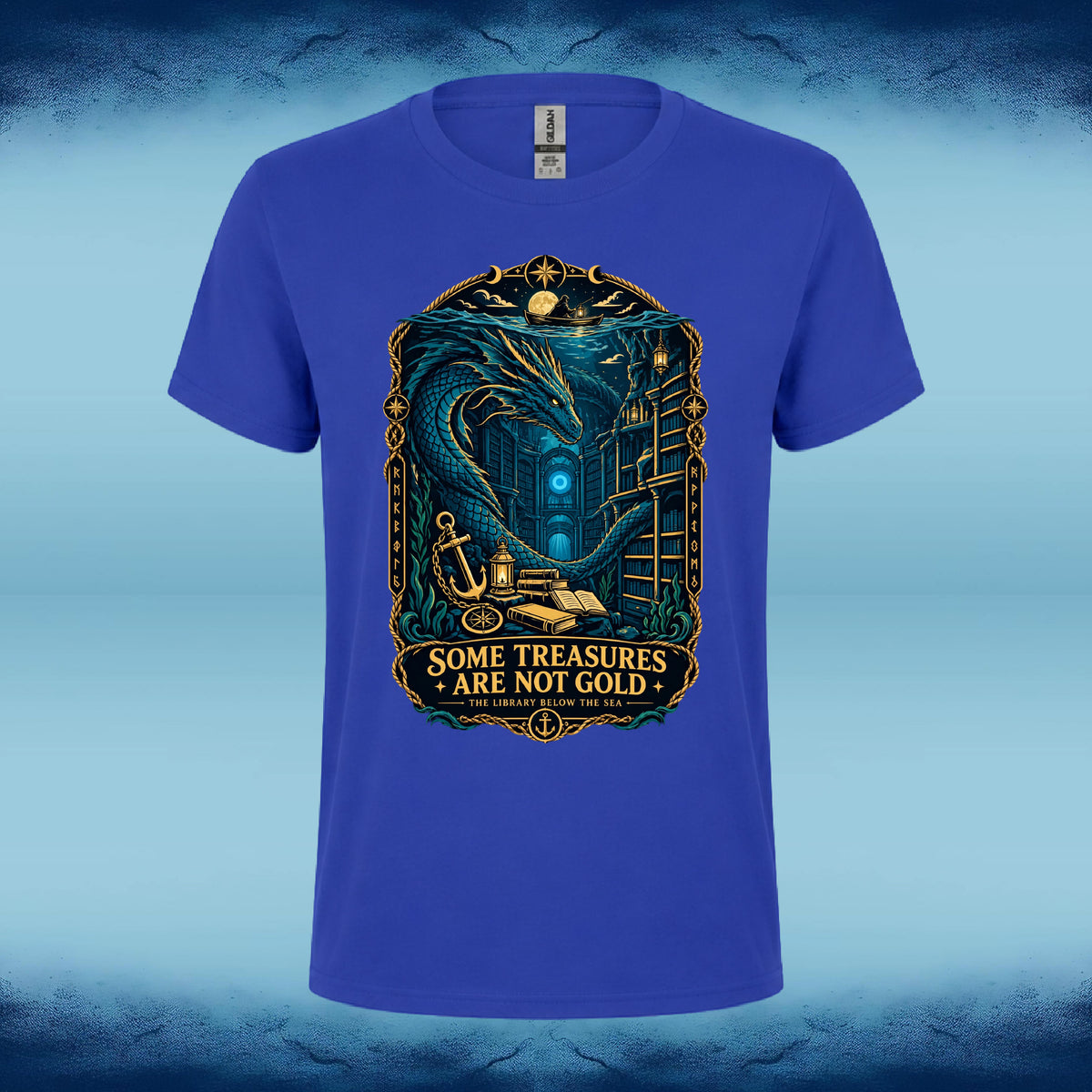 Royal Blue crew neck tee with a "Some Treasures Are Not Gold" fantasy graphic of a dragon guarding a hoard of books, by Sigil Harbor