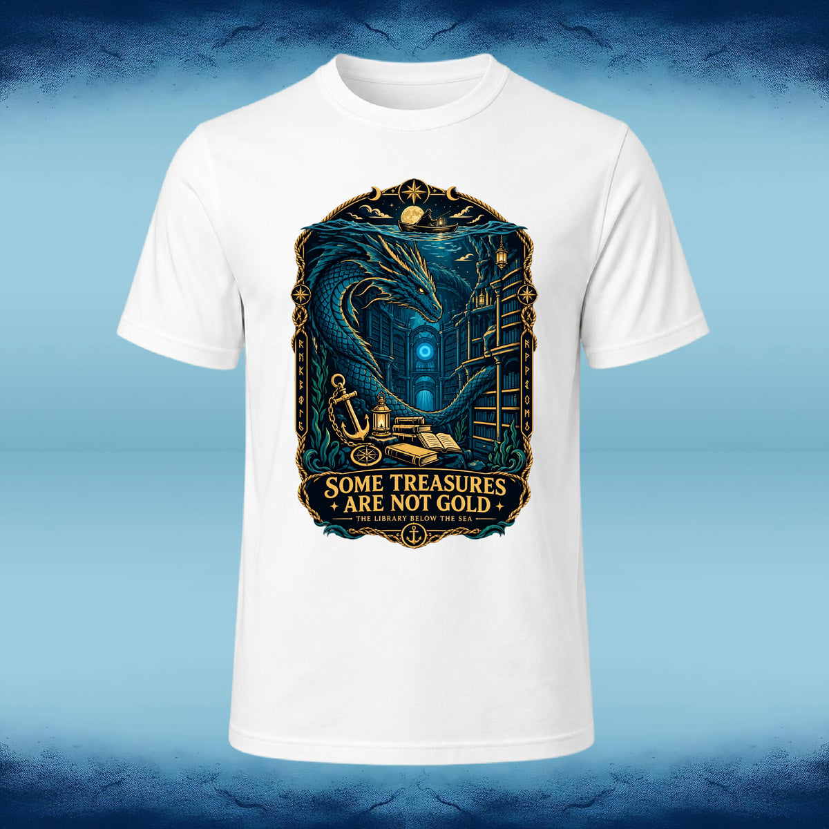 White crew neck tee with a "Some Treasures Are Not Gold" fantasy graphic of a dragon guarding a hoard of books, by Sigil Harbor