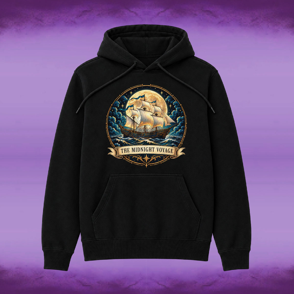 A black pullover hoodie with a large circular graphic on the chest depicting a sailing ship under a full moon with the text 'THE MIDNIGHT VOYAGE'. The hoodie is shown against a purple gradient background.