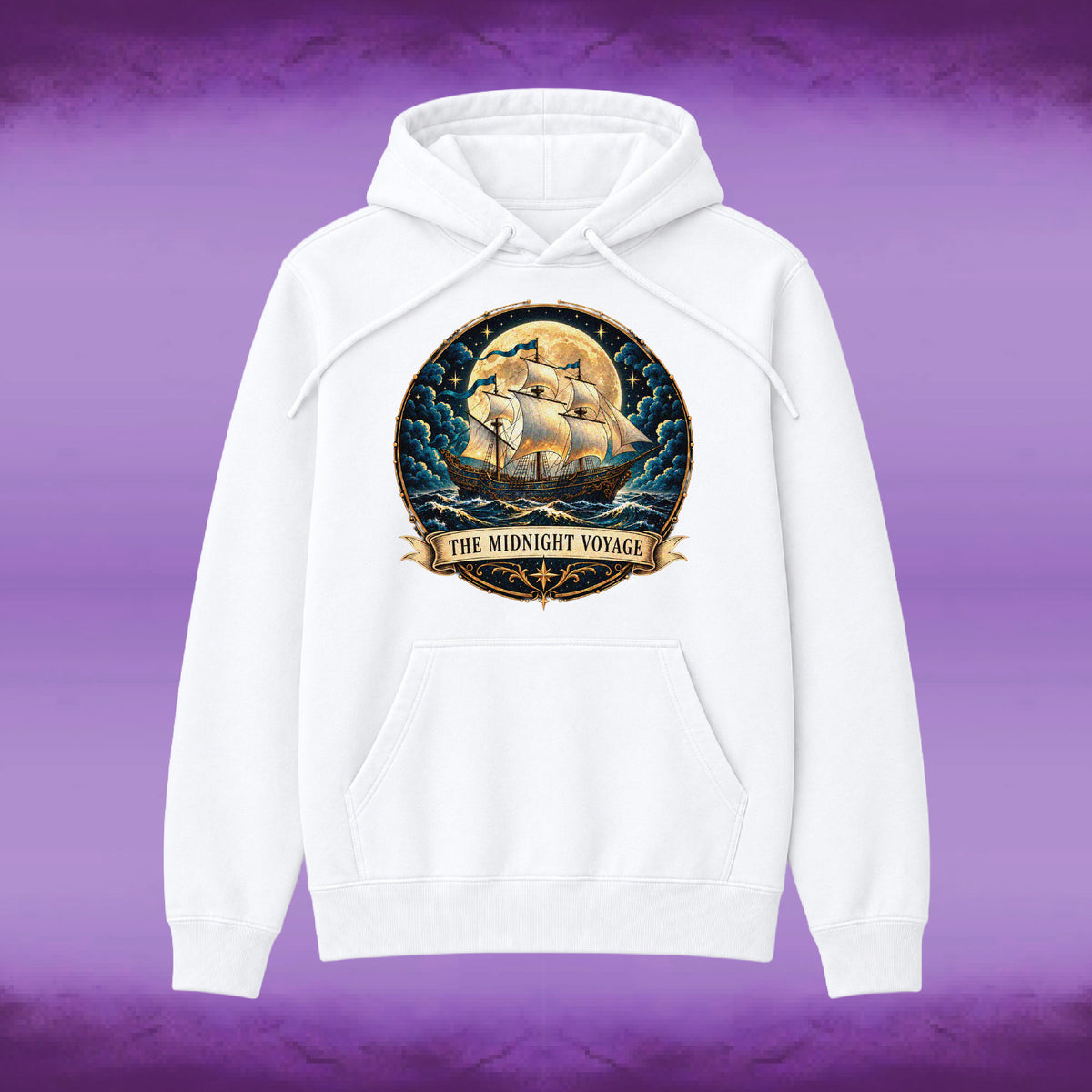 A white pullover hoodie with a circular graphic on the chest depicting a sailing ship under a full moon with the text 'THE MIDNIGHT VOYAGE'. The hoodie is shown against a purple textured background.