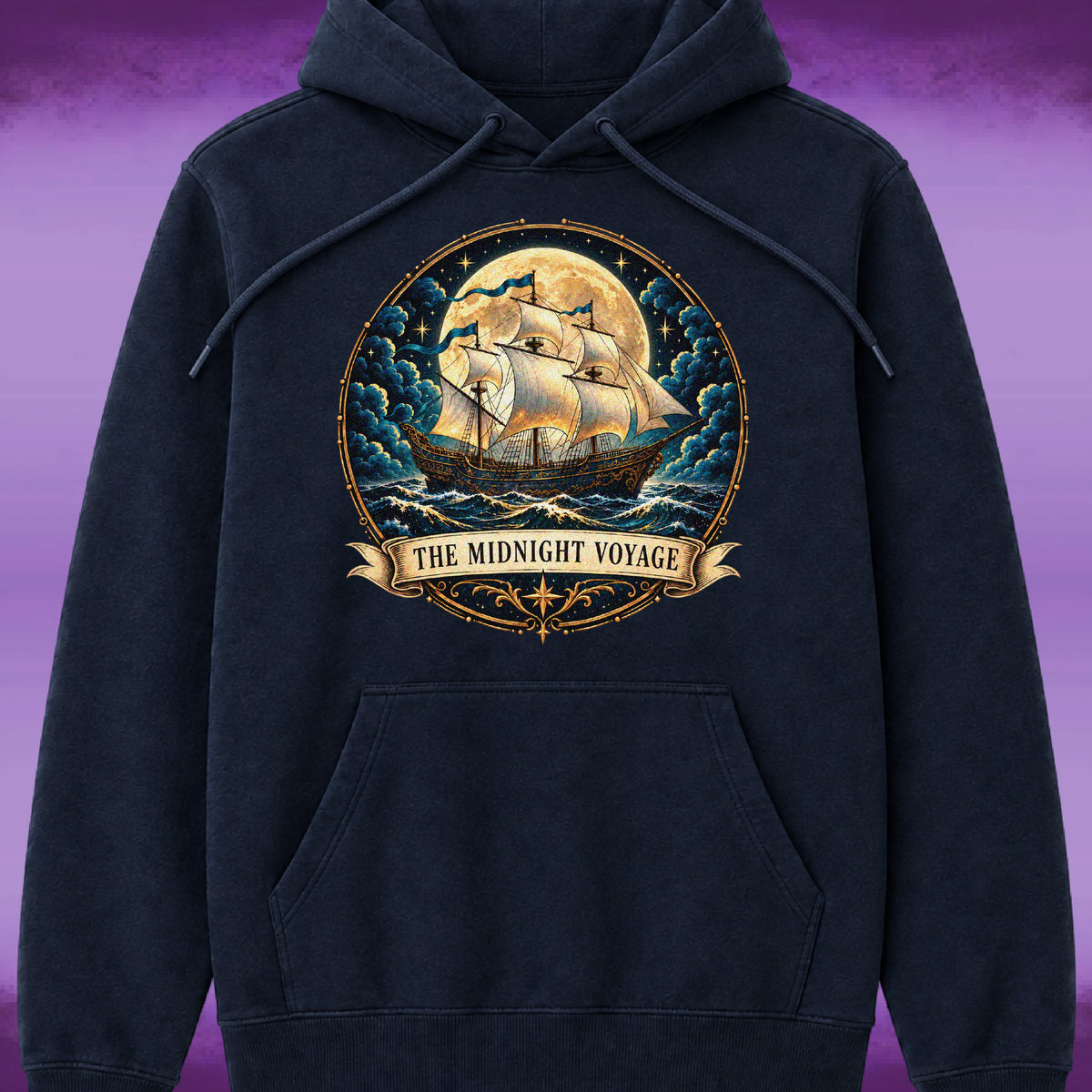 Close-up of The Midnight Voyage chest graphic on a Sigil Harbor pullover hoodie.