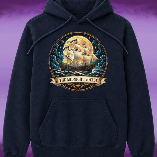 Close-up of The Midnight Voyage chest graphic on a Sigil Harbor pullover hoodie.