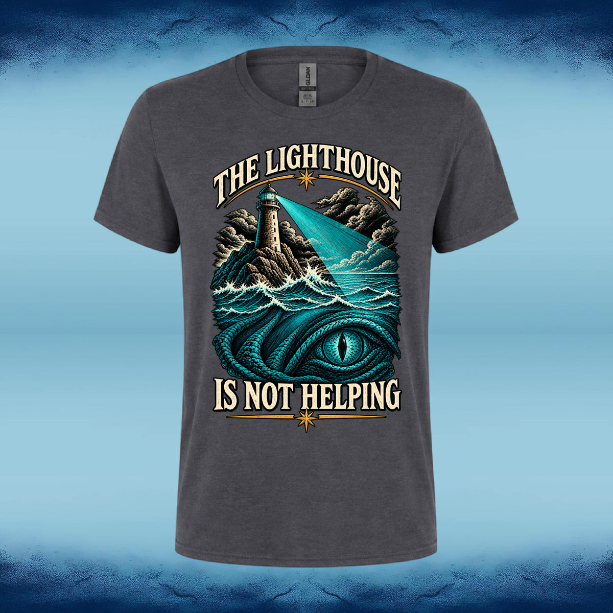 Dark Grey front: Dark grey crew neck tee with the "The Lighthouse is Not Helping" funny lighthouse graphic, by Sigil Harbor