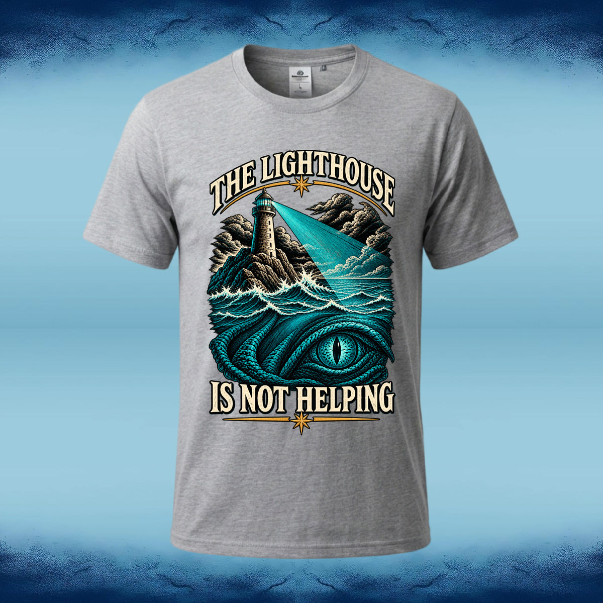 Light sport grey crew neck tee with the "The Lighthouse is Not Helping" funny lighthouse graphic, by Sigil Harbor
