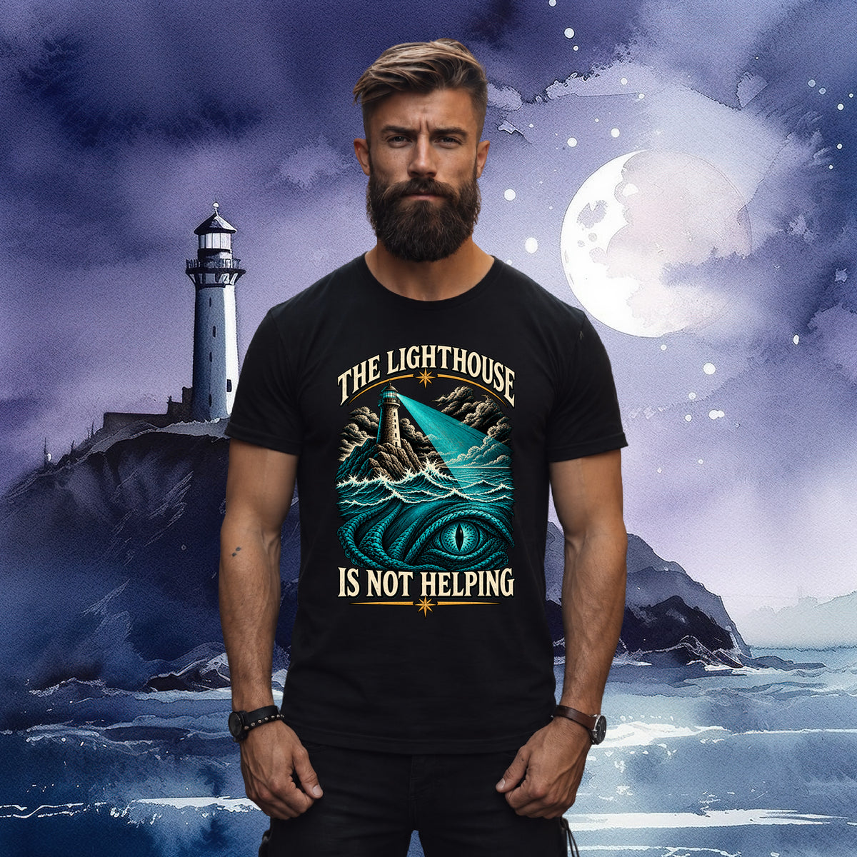 Model wearing the black "The Lighthouse is Not Helping" nautical humor tee by Sigil Harbor