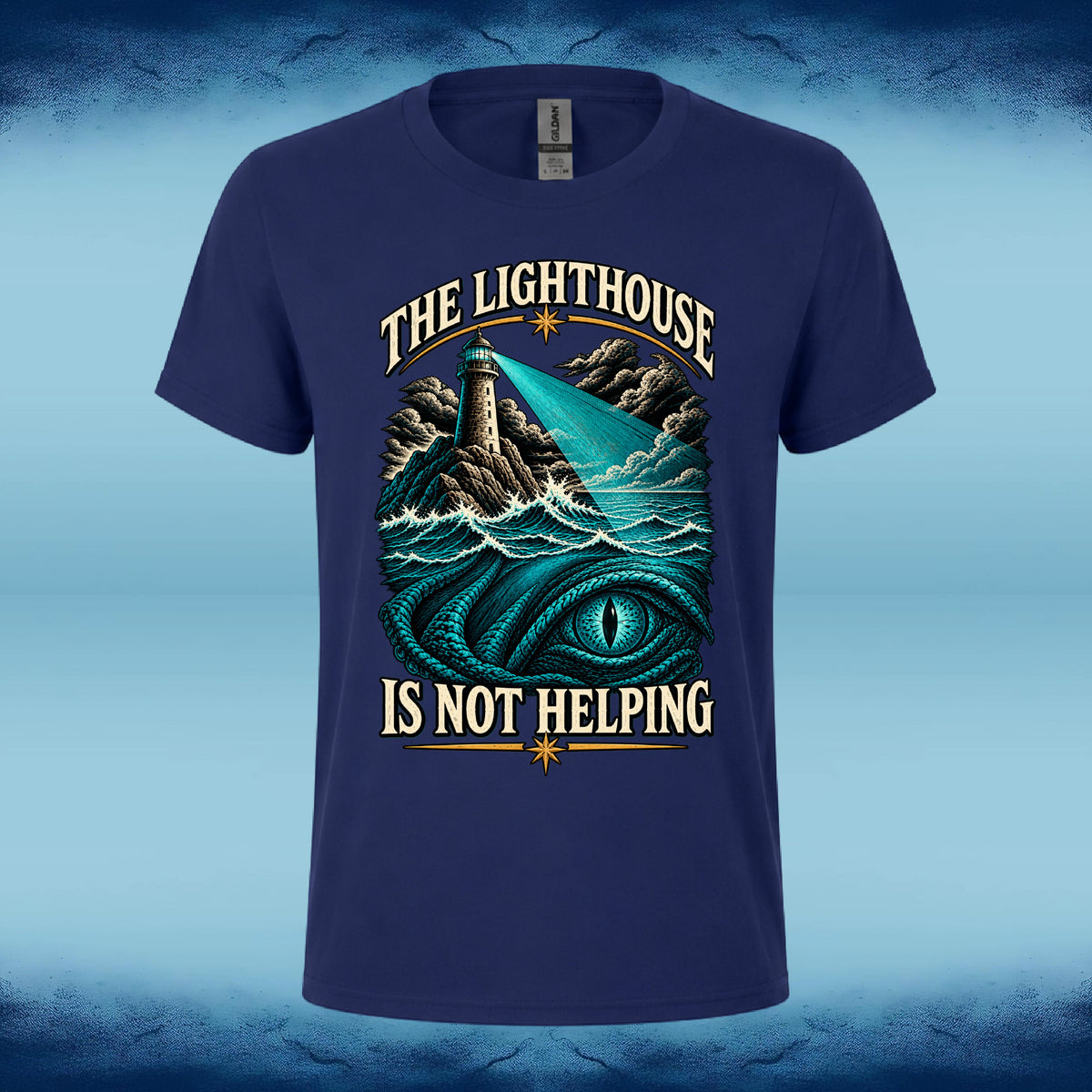 Navy crew neck tee with the "The Lighthouse is Not Helping" funny lighthouse graphic, by Sigil Harbor