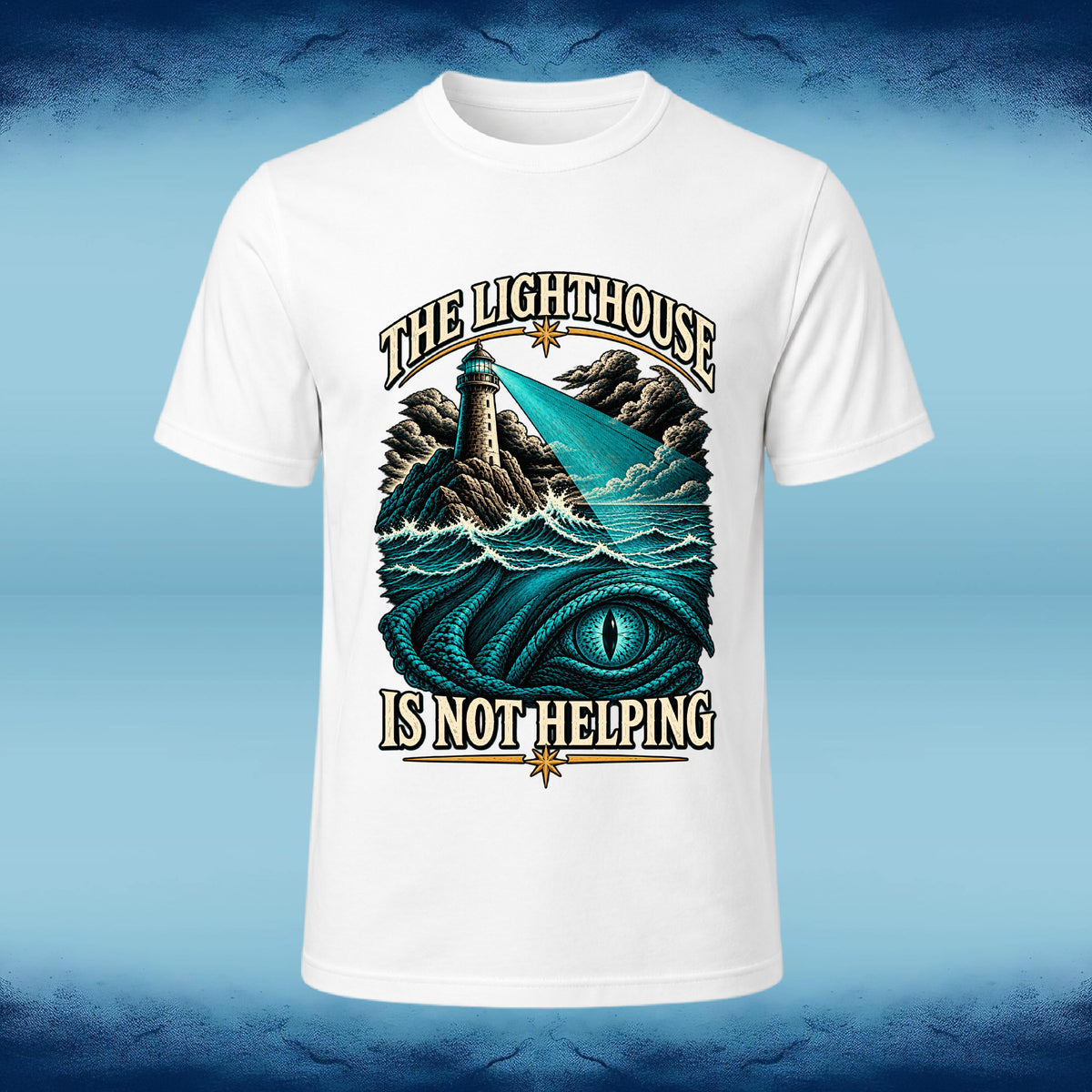 White crew neck tee with the "The Lighthouse is Not Helping" funny lighthouse graphic, by Sigil Harbor