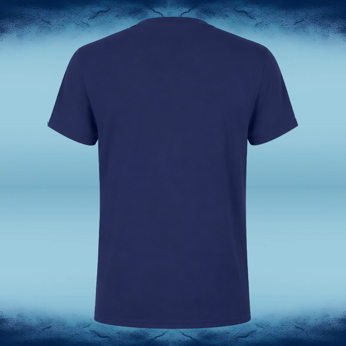 A navy blue short-sleeve t-shirt shown from the back, centered against a blue gradient background with a textured dark blue border.