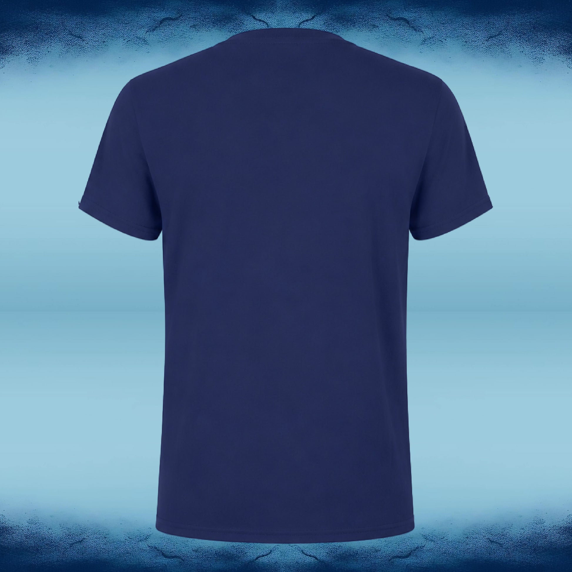 A navy blue short-sleeve t-shirt shown from the back, centered against a blue gradient background with a textured dark blue border.