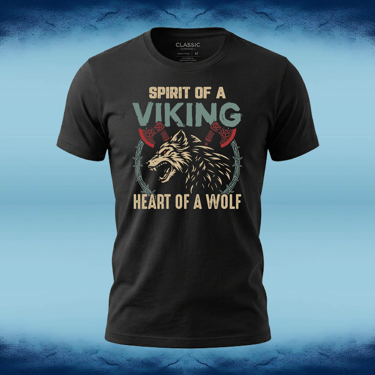 A black short-sleeve graphic t-shirt featuring a Viking wolf design with two red axes, the text 'SPIRIT OF A VIKING' and 'HEART OF A WOLF', displayed against a blue textured background.