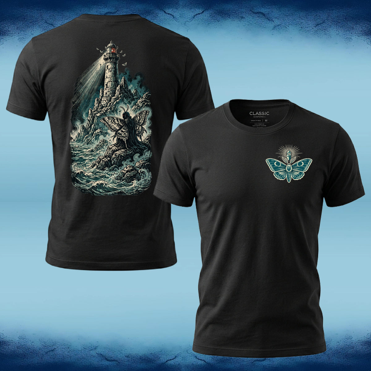 Black Watcher of the Light T-shirt, front and back, with a teal moth chest emblem and a winged figure beneath a lighthouse amid crashing waves