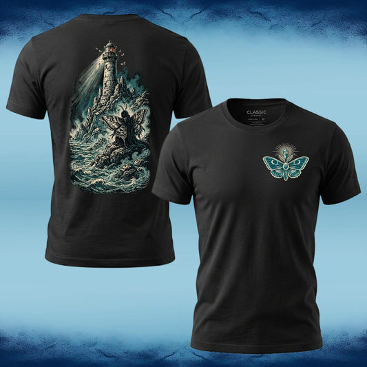 Black Watcher of the Light T-shirt, front and back, with a teal moth chest emblem and a winged figure beneath a lighthouse amid crashing waves