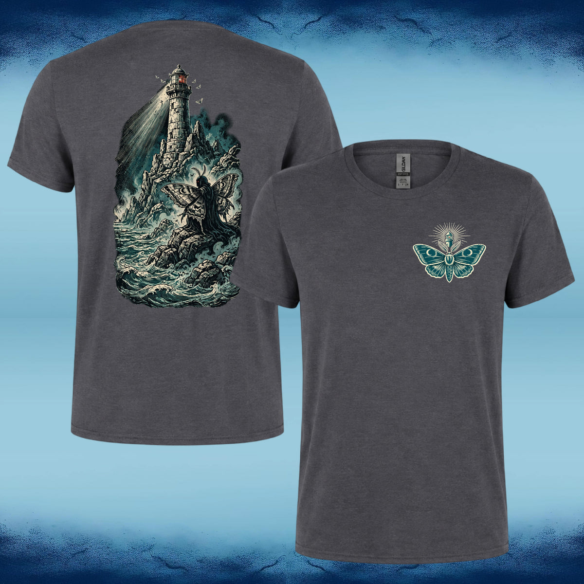 Dark grey Watcher of the Light T-shirt, front and back, with a teal moth chest emblem and winged figure beneath a lighthouse amid crashing waves