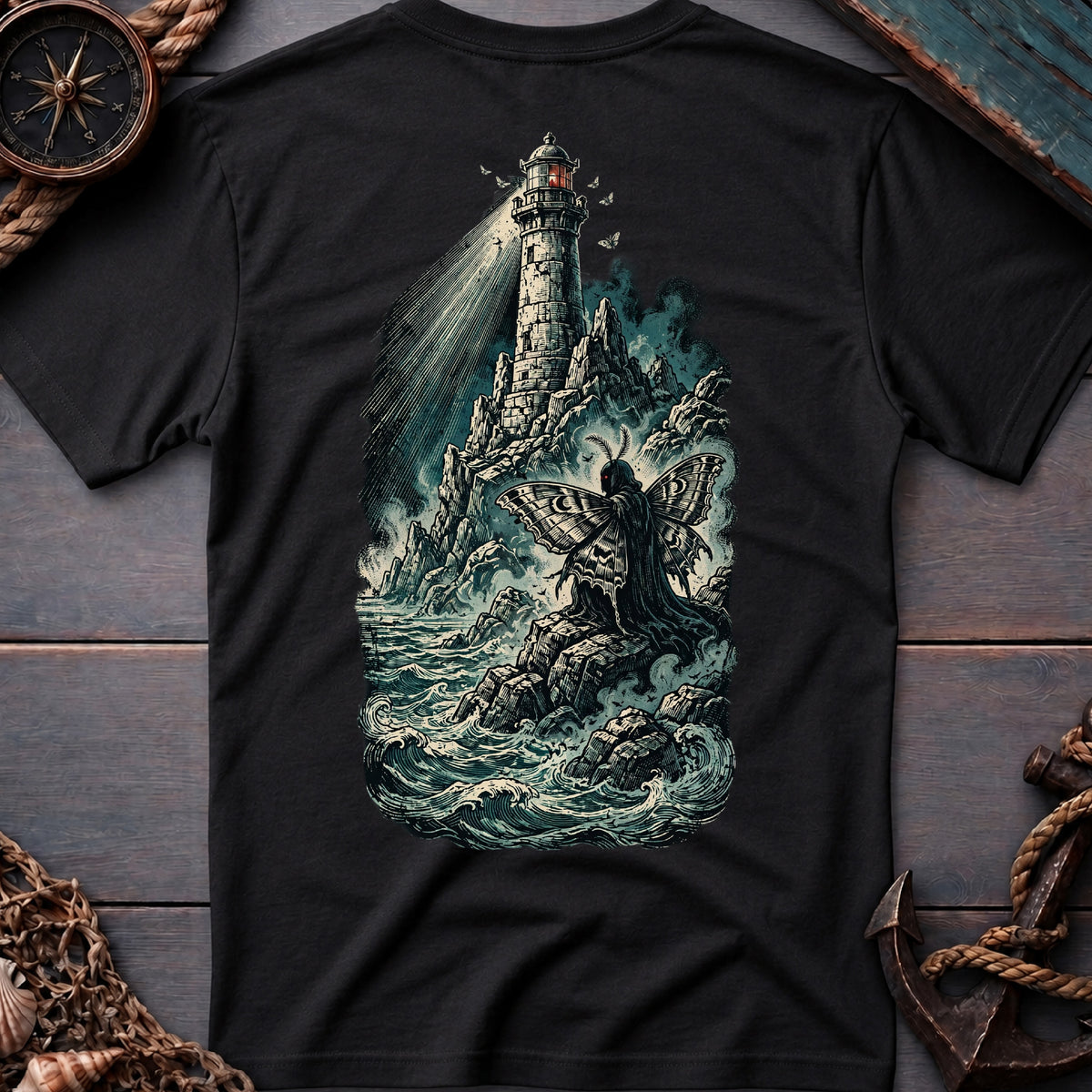 Black Watcher of the Light T-shirt laid flat, showing a winged figure on rocky shores beneath a lighthouse amid crashing waves