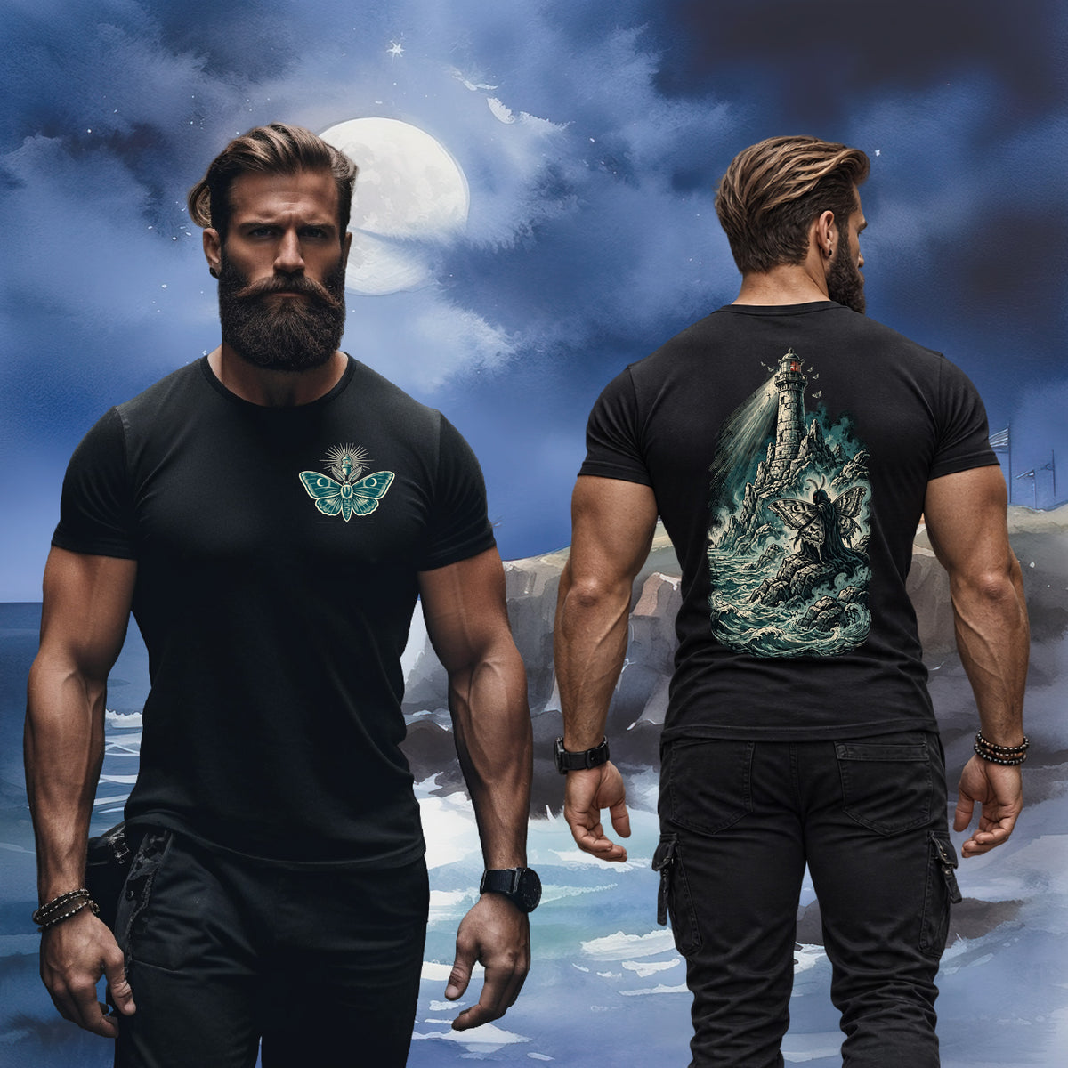 Model wearing the black Watcher of the Light T-shirt, showing a teal moth chest emblem and lighthouse scene with a winged figure on the back
