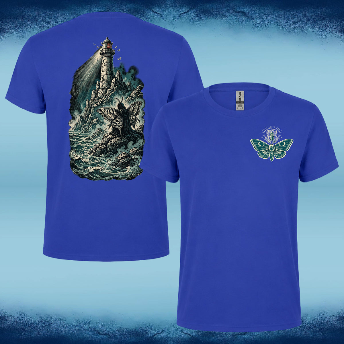 Royal blue Watcher of the Light T-shirt, front and back, with a teal moth chest emblem and winged figure beneath a lighthouse amid crashing waves